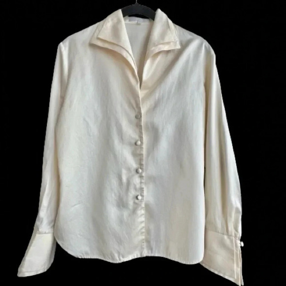 Vintage Alain Figaret Women’s Button-Down Shirt Double Collar Size 8 Ivory Belt - Picture 1 of 13